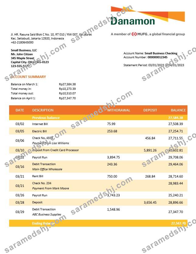 Bank Danamon enterprise account statement Word and PDF template